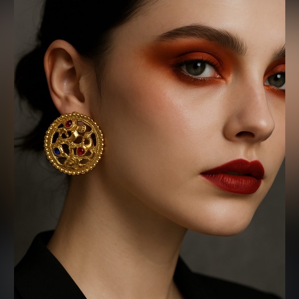 Gold and Red Artistic vintage clip on Earrings